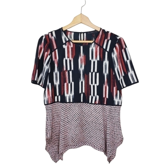 BCBGMaxAzria | Kacy Red Black Print Block Geometric Mixed Print Layered Blouse - Picture 1 of 9